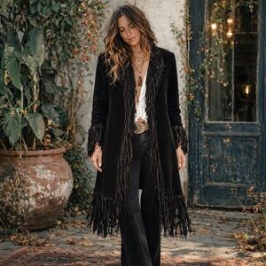 VTG B Lucid Black Suede Fringe Duster Jacket XS  Boho Festival Coat